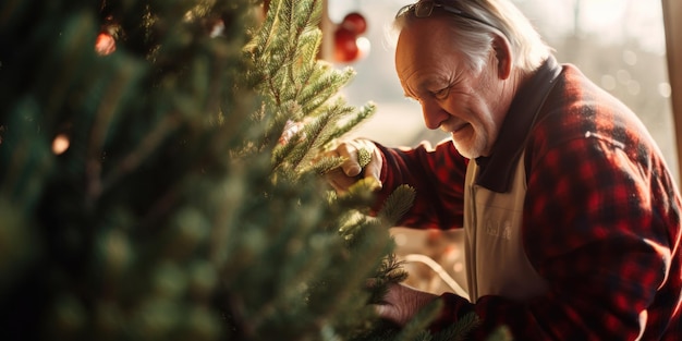 Un homme âgé sélectionne un arbre de Noël parfait se préparant pour la saison des fêtes