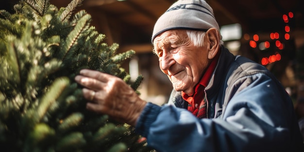 Un homme âgé sélectionne un arbre de Noël parfait se préparant pour la saison des fêtes