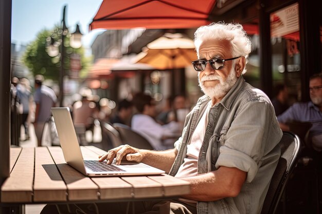 Homme âgé sérieux avec des lunettes travaillant dans un café en face d'un écran d'ordinateur portable indépendant à tout âge