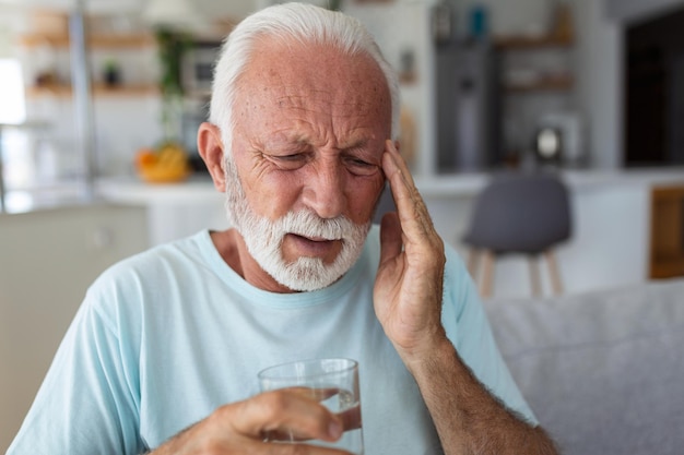 Homme âgé souffrant d'un mal de tête à la maison Homme âgé inquiet assis seul dans sa maison Ce mal de tête fait vraiment mal Ma tête me tue