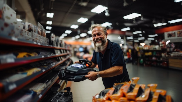 Un homme âgé souriant achète des articles dans un magasin de quincaillerie.