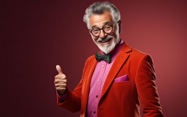 Un homme âgé souriant et heureux avec le pouce vers le haut, habillé de couleurs vives sur fond rouge