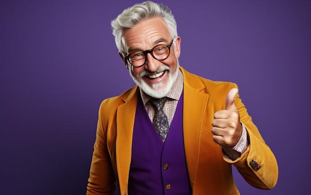 Un homme âgé souriant et heureux avec le pouce vers le haut, habillé de couleurs vives sur fond violet