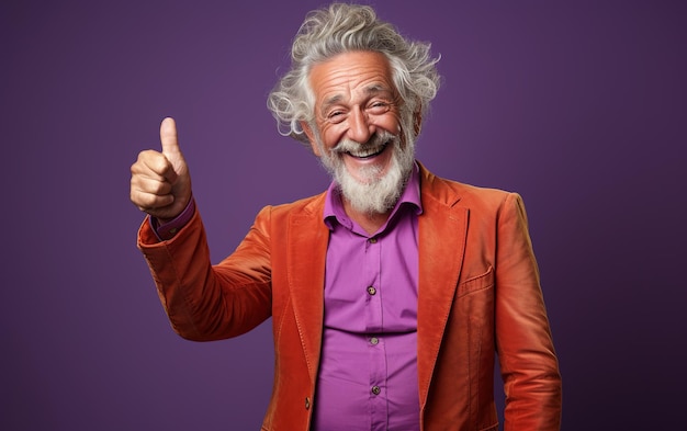 Un homme âgé souriant et heureux avec le pouce vers le haut, habillé de couleurs vives sur fond violet
