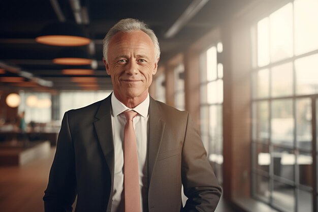 Un homme âgé souriant et joyeux dans un costume debout dans un directeur de bureau ou un homme d'affaires