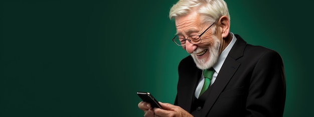 Un homme âgé souriant et riant avec son téléphone sur un fond coloré