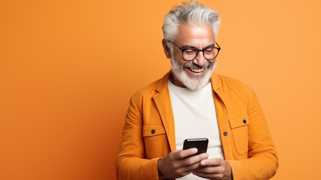 Un homme âgé souriant et riant avec son téléphone sur un fond coloré.