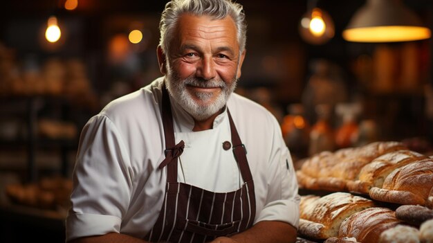 un homme âgé souriant en tablier debout près du four dans la boulangerie