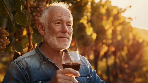 Un homme âgé souriant avec des ustensiles à la main lors d'un événement dans le vignoble