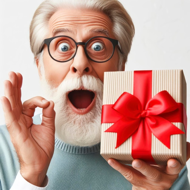 Homme âgé surpris avec une boîte à cadeaux sur un fond blanc