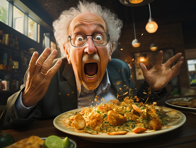 Photo un homme âgé à la table criant sur une assiette de nourriture.