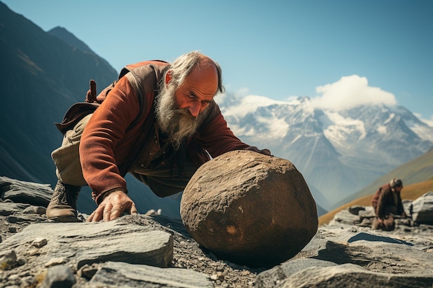 homme âgé tenant une pierre dans les montagnes