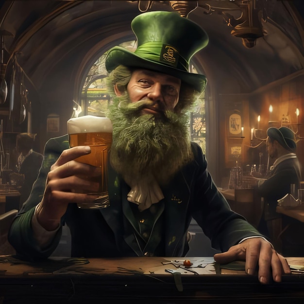 Un homme âgé en tenue verte dans un vieux bar irlandais traditionnel tenant une tasse de bière le symbole de la couleur verte de la fête de Saint-Patrick