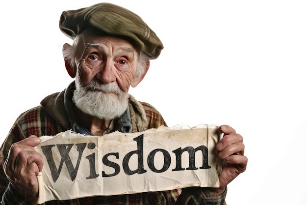 Photo un homme âgé tient une bannière déclarant la sagesse sur un fond blanc.