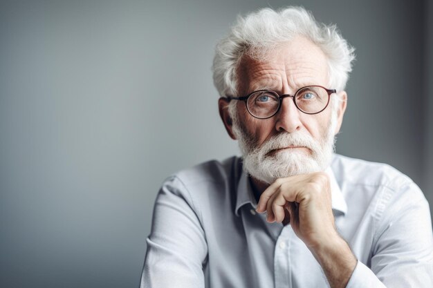 L'homme âgé tient le menton et considère quelque chose