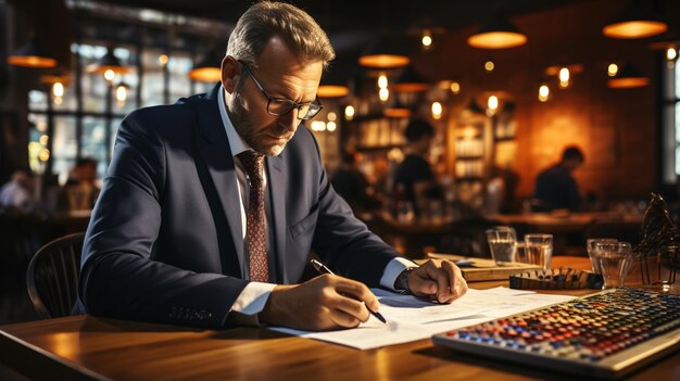 homme âgé travaillant avec une calculatrice dans le jeu de photos original du bureau