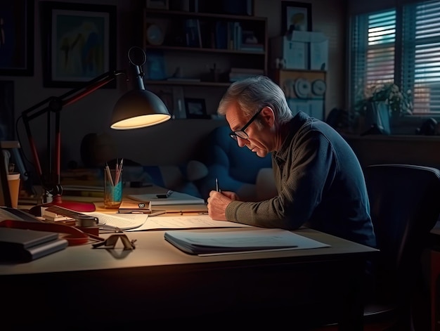 Homme âgé travaillant à la lumière d'une lampe de bureau