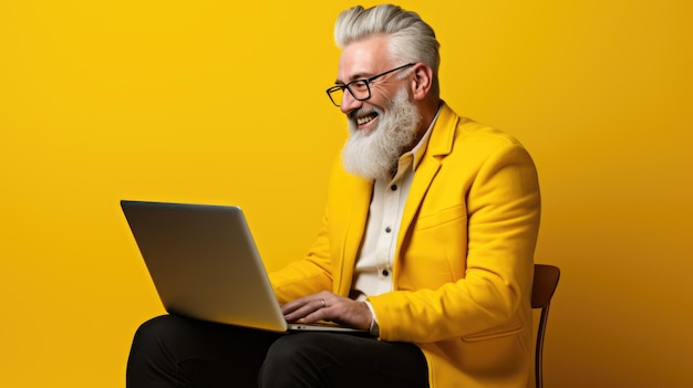 Homme âgé travaillant sur un ordinateur portable sur fond jaune