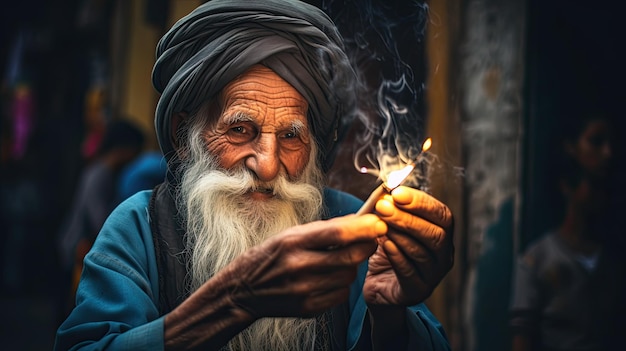 Un homme âgé avec un turban jouant avec une bougie dans la rue