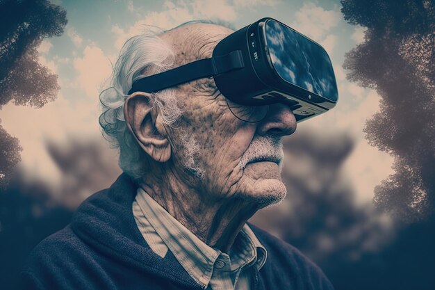 Homme âgé utilisant une double exposition de casque hmd vr