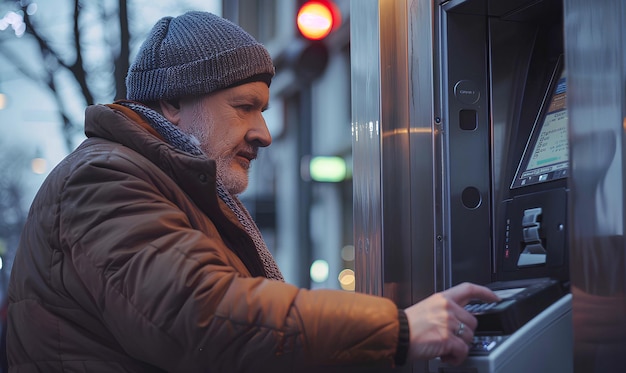 Photo homme âgé utilisant un guichet automatique ou un terminal dans la rue