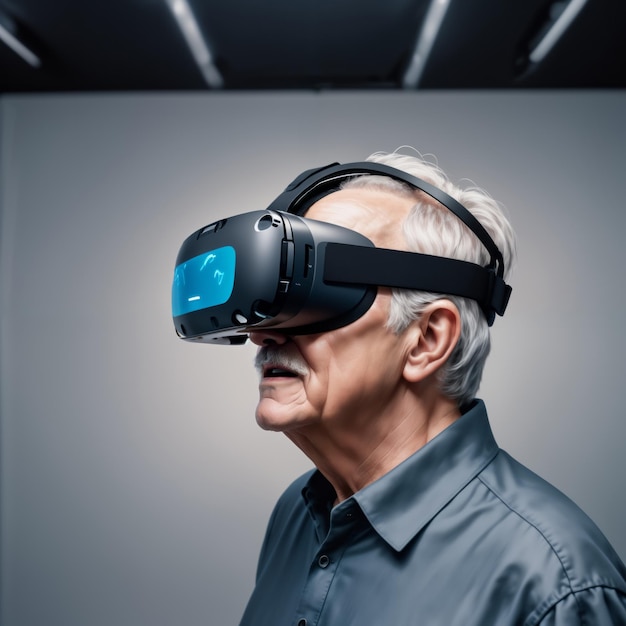 Homme âgé utilisant des lunettes VR Concept de personnes âgées modernes actives apprenant à utiliser les technologies contemporaines