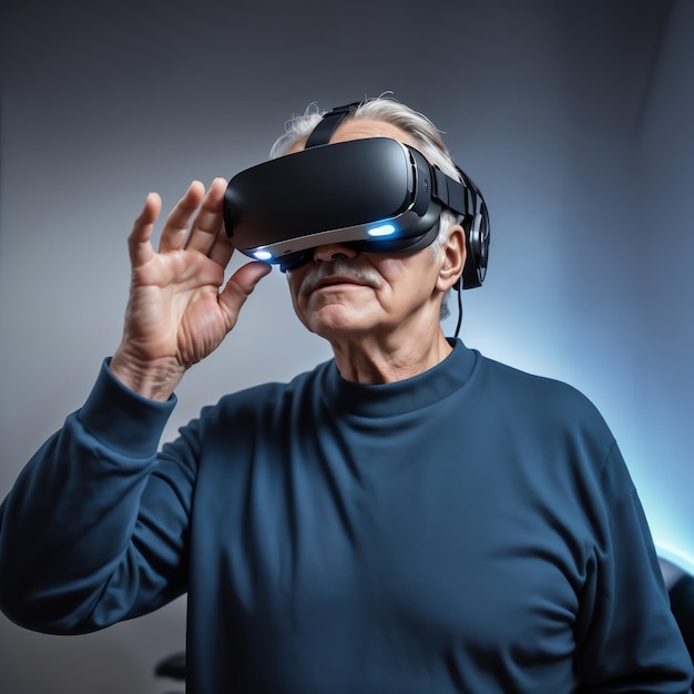 Homme âgé utilisant des lunettes VR Concept de personnes âgées modernes actives apprenant à utiliser les technologies contemporaines