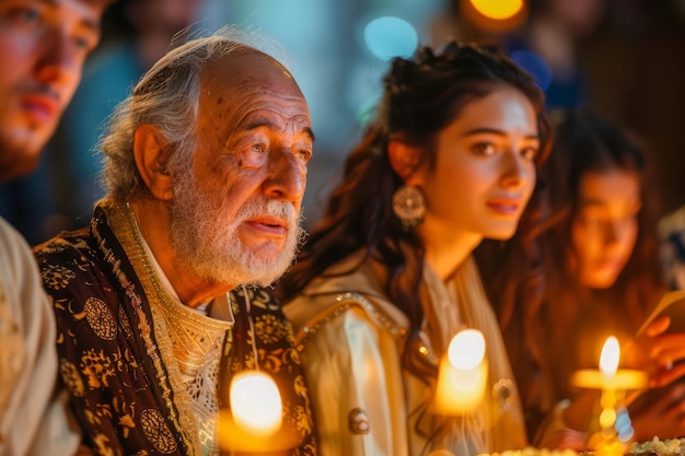 Homme âgé avec des vêtements brodés traditionnels participant à la cérémonie d'allumage de bougies avec