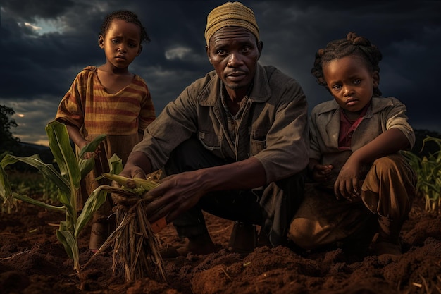 Un homme agenouillé dans la saleté avec deux enfants.