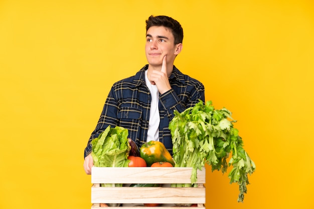 Homme d'agriculteur adolescent avec des légumes fraîchement cueillis dans une boîte en pensant à une idée