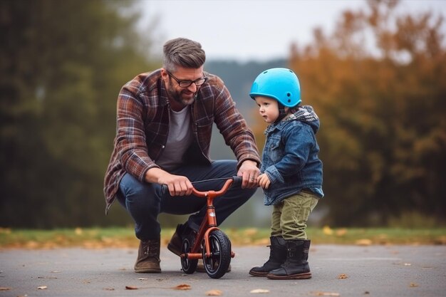 Un homme aidant un jeune garçon à faire du vélo image ai générative