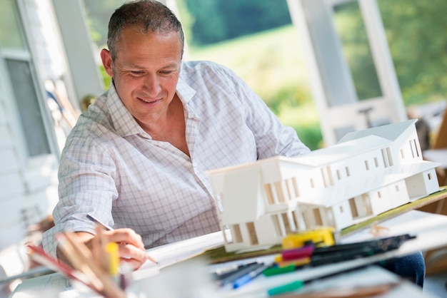 Photo un homme à l'aide d'un dessin au crayon sur un plan à l'aide d'un modèle architectural