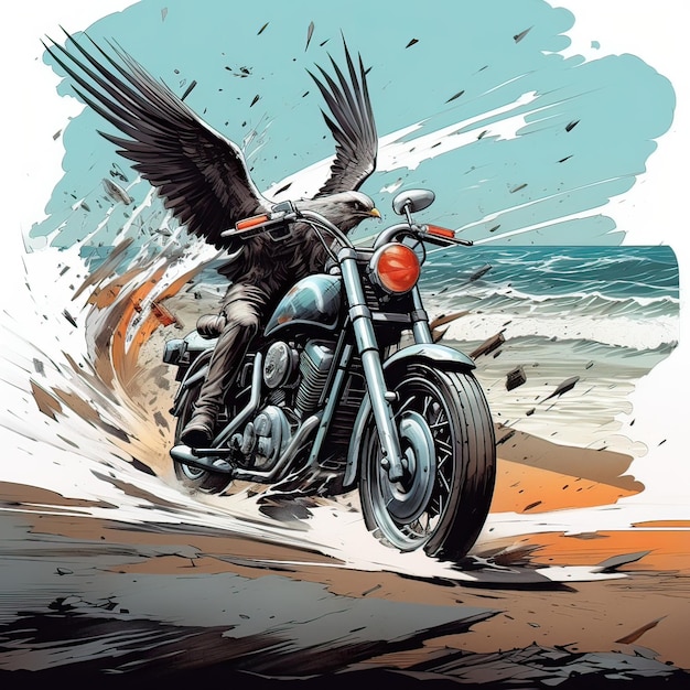 L'homme aigle se précipite sur une moto le long de la côte de la mer Motocycle sur la plage avec un aigle volant
