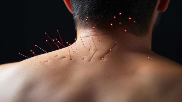 Photo un homme avec des aiguilles d'acupuncture à la maison