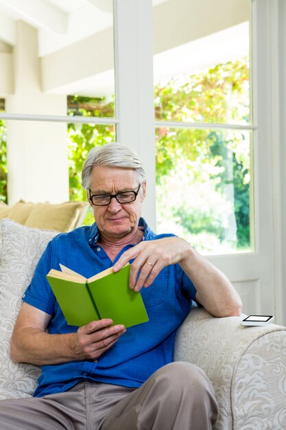 Homme aîné, livre lecture, quoique, séance, chez soi