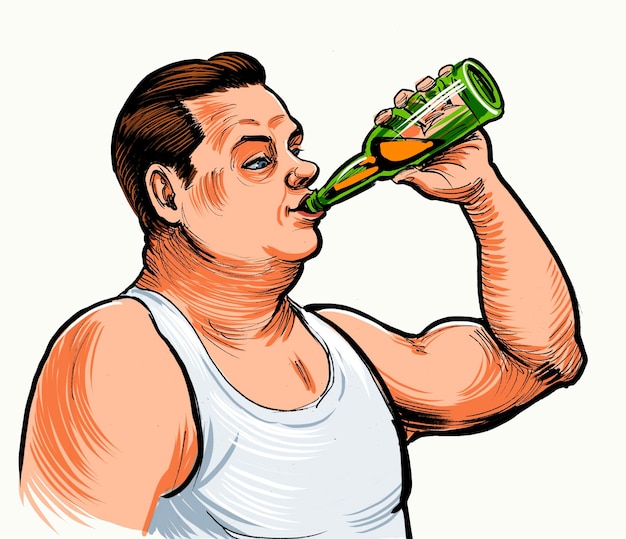 Homme alcoolique buvant une bouteille de bière Encre dessinée à la main sur papier et colorée à la main sur tablette