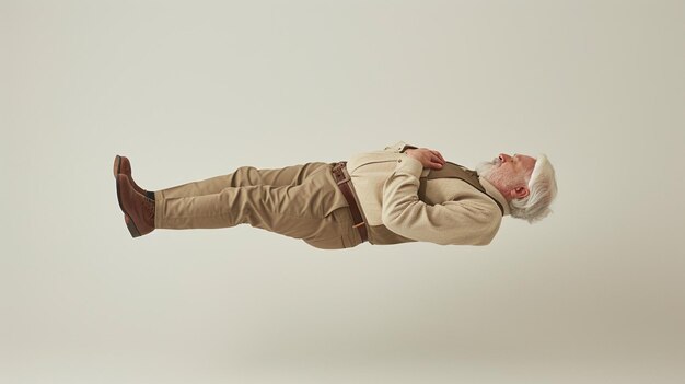 Un homme allongé confortablement dans l'air, corps entier, fond blanc pur.