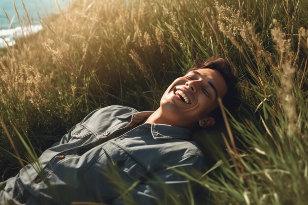 Un homme allongé dans un champ d'herbe en souriant