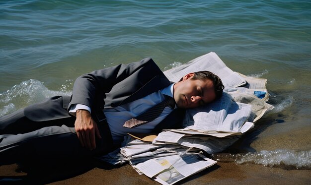 Un homme allongé sur une pile de papiers.