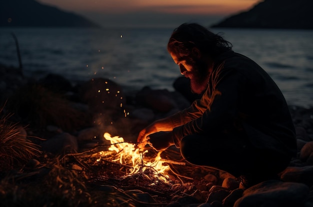 Un homme allume un feu de camp sur le rivage de la mer au coucher du soleil.