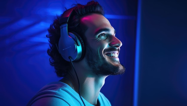 Homme américain moderne et cool écoutant de la musique sur des écouteurs avec une attitude souriante et heureuse