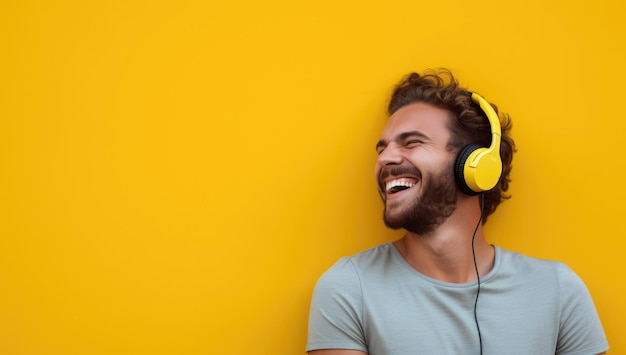 Homme américain moderne et cool écoutant de la musique sur des écouteurs avec une attitude souriante et heureuse