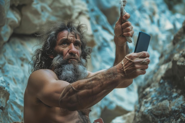 Photo un homme ancien prend un selfie la technologie moderne dans les mains des hommes des cavernes un homme sauvage avec un smartphone