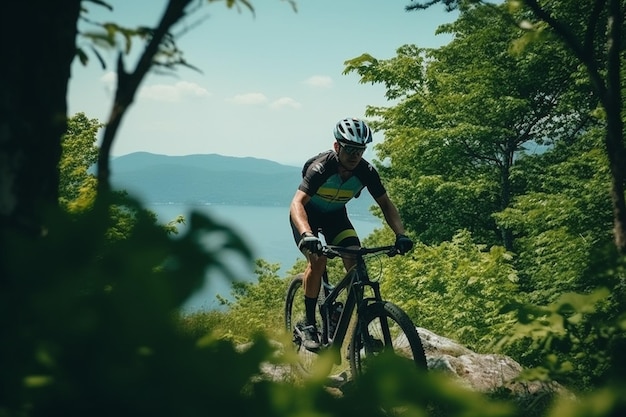 Un homme à angle élevé sur un vélo de montagne