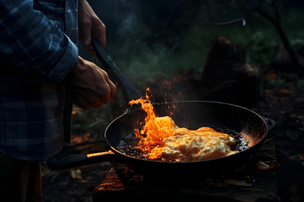 Homme anonyme frite des œufs sur une casserole