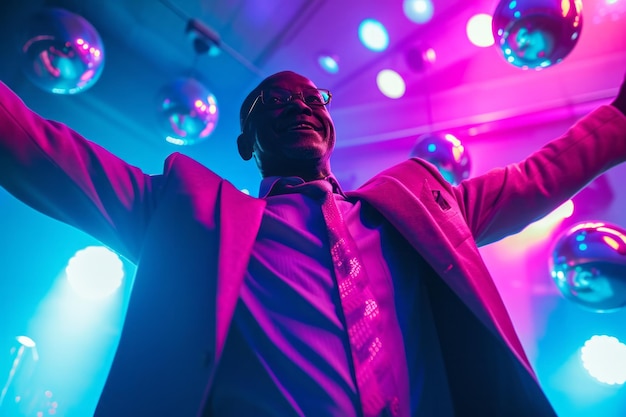 Homme appréciant la fête avec les bras levés sous des boules disco avec des lumières bleues et roses vibrantes