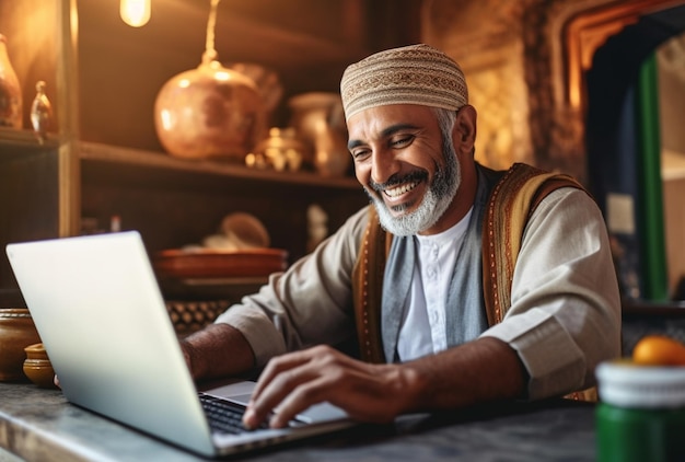 Un homme arabe âgé et attrayant assis devant un ordinateur portable souriant