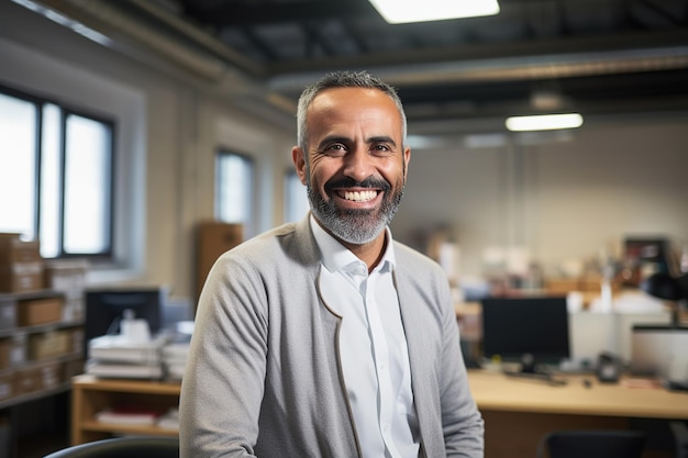 Homme arabe d'âge moyen souriant gros plan portrait de bureau intérieur