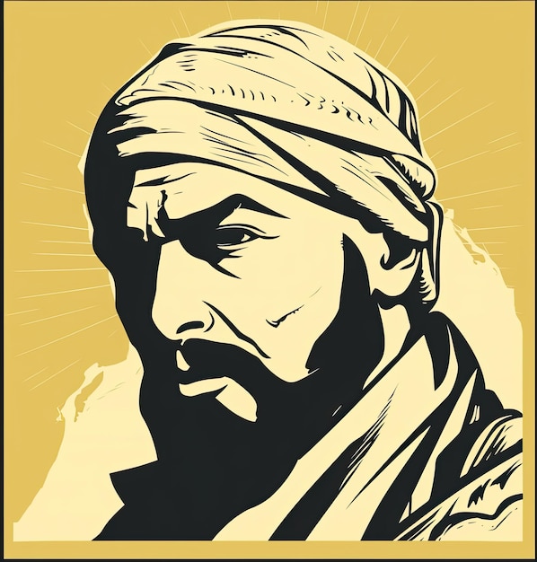 Un homme arabe avec une barbe et un foulard dans un style vintage avec des couleurs jaune clair et noir et un contour monochrome AI générative