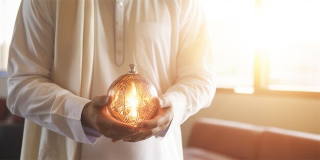 Un homme arabe deux mains tenant une lampe ou une balle brillante